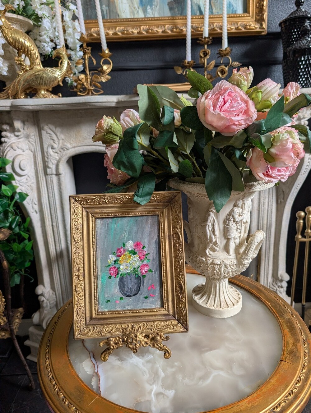 Original Hand Painted Still Floral Oil Painting,  VTG gold Ornate Wood frame 10"